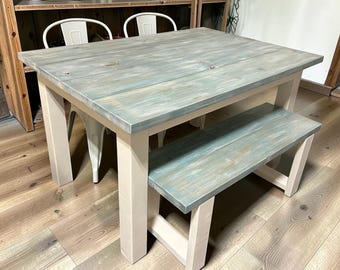 Coastal Farmhouse Dining Table Set Small Space Kitchen Table Bench Chairs 5ft Wood