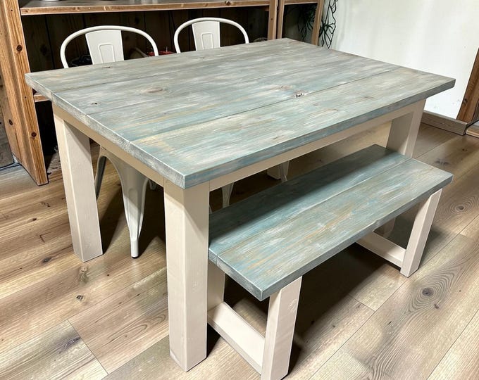 Coastal Farmhouse Dining Table Set Small Space Kitchen Table Bench Chairs 5ft Wood