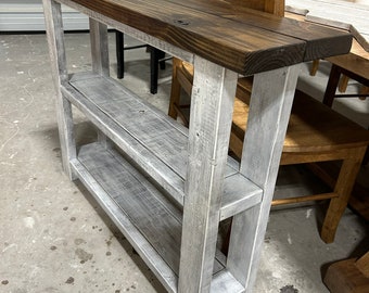 Farmhouse Style Console Table, Dark Walnut, Antique White Distressed, Wooden Bookcase, Entryway Table, Sofa Table