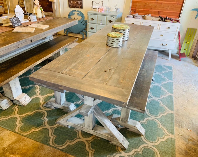 Trestle Farmhouse Table Set With Long Benches and Breadboards, Gray White Wash Finish and Distressed White Base Wooden Dining Set