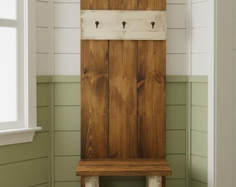 Farmhouse Hall Tree Entryway Bench Hooks Shoe Storage Mudroom Coat Rack Rustic Solid Wood