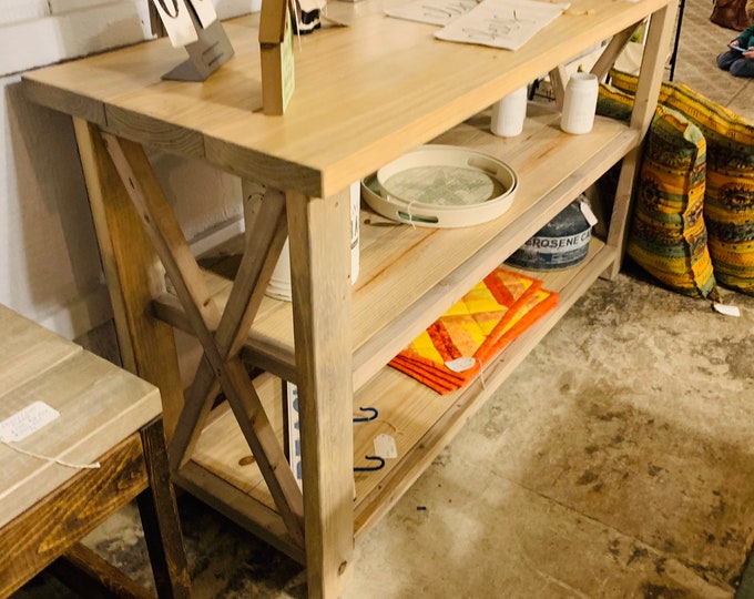 Rustic Wooden Buffet Table, Rustic Console Table, Farmhouse Buffet Table, Vintage Aged Wood Look and X Accents In Stock