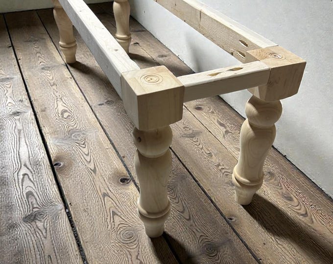 DIY Farmhouse Bench Kit Turned Legs Unfinished Wood Base Fits 4ft 5ft Seating
