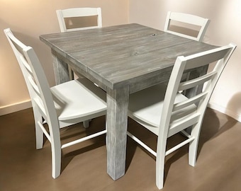 Square Farmhouse Dining Table: Gray White Wash, Distressed White
