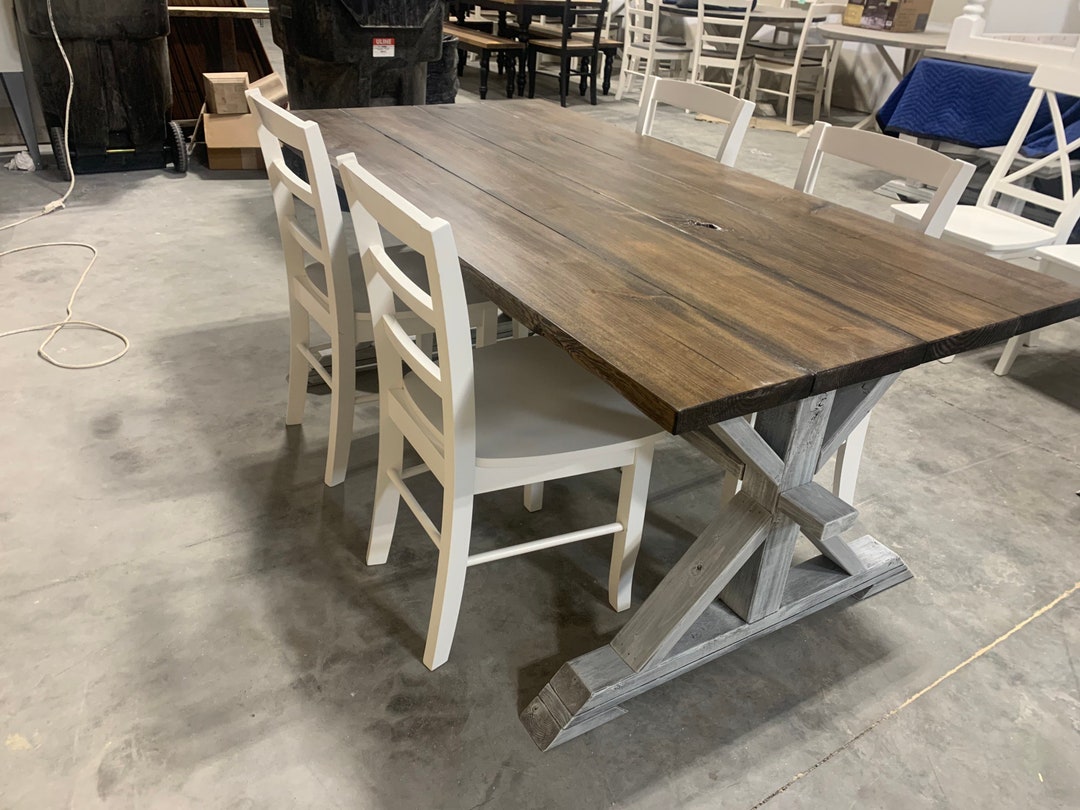 Rustic Pedestal Farmhouse Table and Chairs With White Dark Walnut Brown