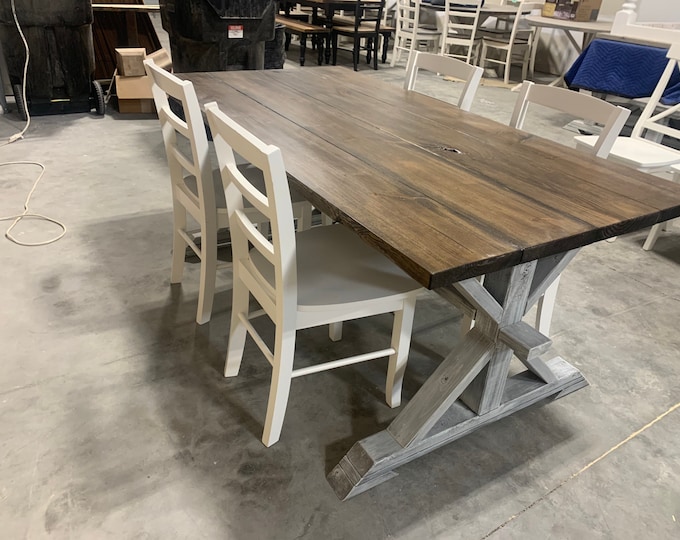 Rustic Pedestal Farmhouse Table and Chairs With White Dark Walnut Brown with White Distressed Base Dining Set In Stock