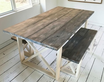 Farmhouse Dining Table Set With Benches Rustic Wood X Base White Gray Handmade Kitchen