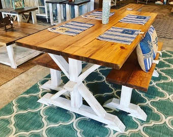 Long Pub Style Farmhouse Table Set, With Stools and Tall Benches, Dark  Walnut Top With White Distressed Base, Tall Farmhouse Table Set 