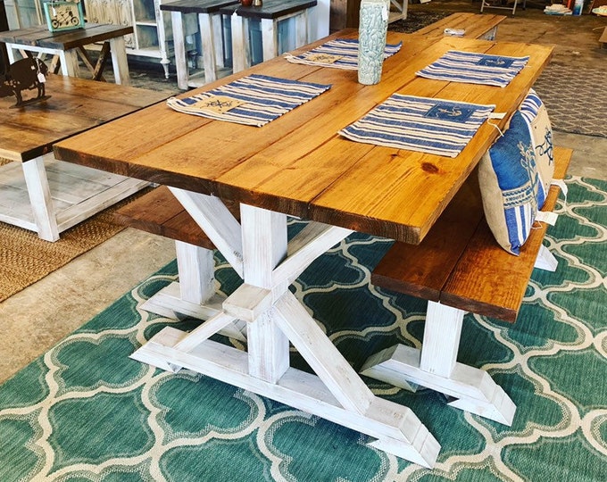 Rustic Pedestal Farmhouse Table With Benches Early American Brown with White Distressed Base Dining Set