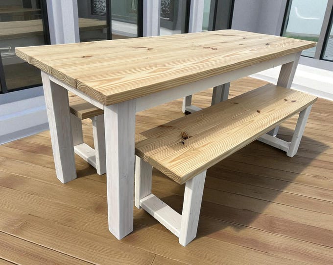 6ft Narrow Farmhouse Dining Table Set with Wooden Benches – Rustic Wood Kitchen & Dining Room Table, Coastal Decor