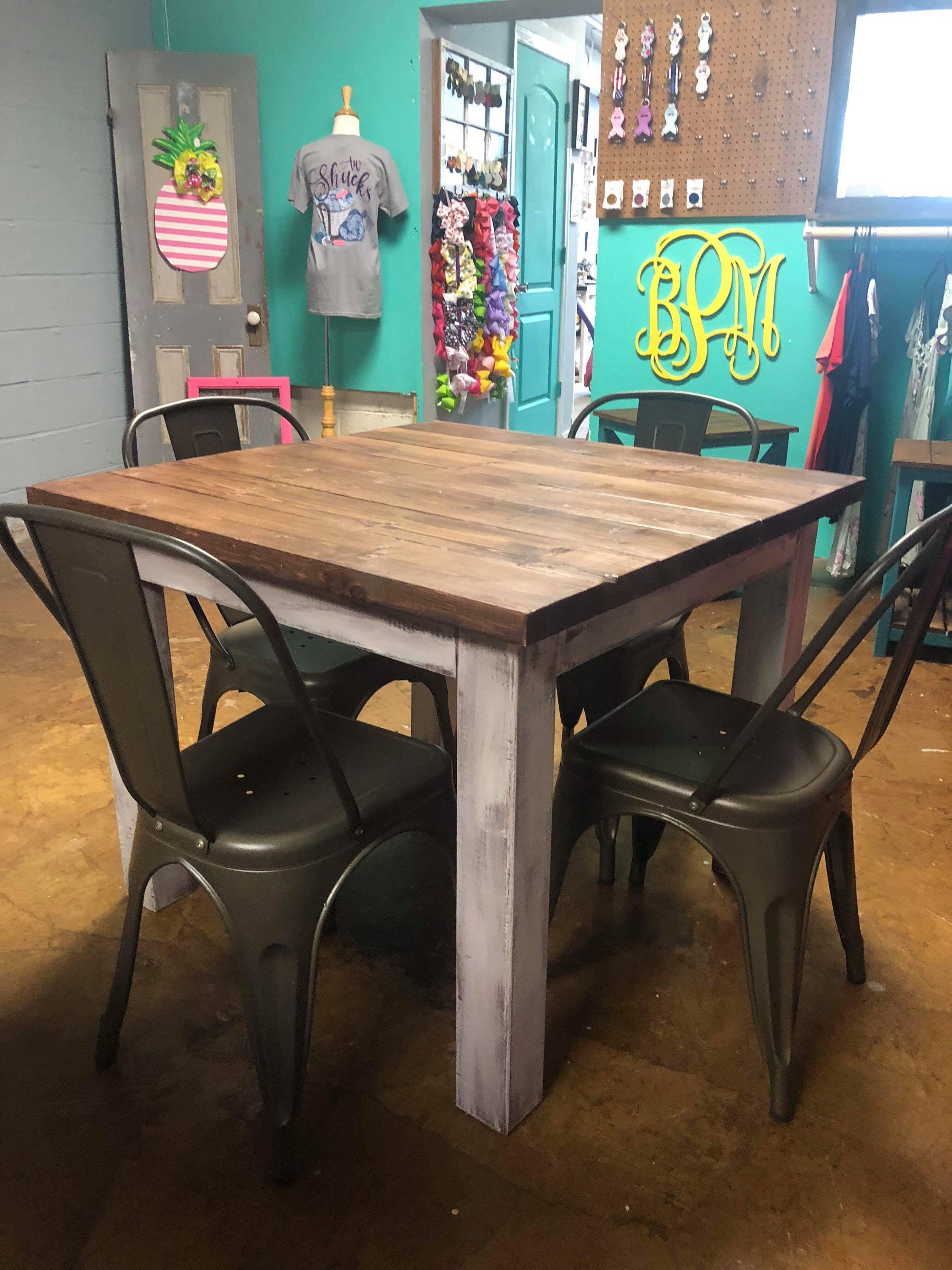 Square Farmhouse Table With Metal Chairs, Rustic Farmhouse Table Set