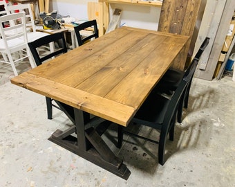 Rustic 6ft Long Pedestal Farmhouse Table With Black Chairs Provincial with Black Base Dining Set and Kitchen Table with Breadboards