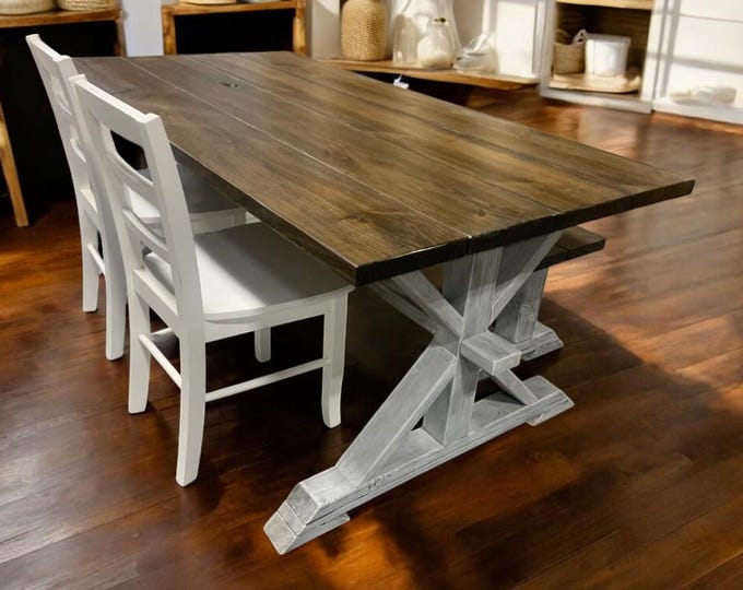 6ft Farmhouse Dining Set - Bench and Chair Seating - Distressed White, Dark Walnut - Wooden Kitchen or Dining Room Table