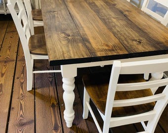 7ft Farmhouse Table: Dark Walnut Top, Antique White Turned Legs
