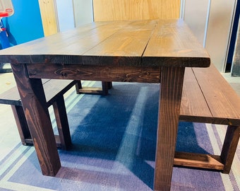 Honey Brown Farmhouse Dining Set: 5ft Wooden Table with Benches