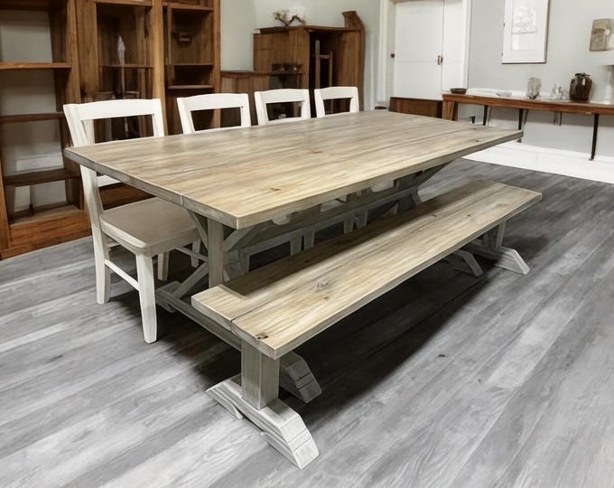 7ft Dining Table Set - Farmhouse Trestle Style Base - Bench and Chair Options - Gray White Wash, Distressed Base - Coastal Kitchen Table Set