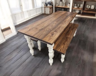6ft Narrow Farmhouse Dining Table Set: Provincial Brown Top, White Turned Legs