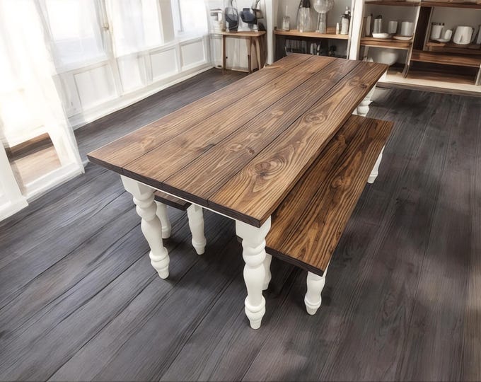 Narrow Dining Table Set - Bench Seating - Farmhouse Style Turned Legs - White, Provincial Brown, 6ft Wooden Kitchen Table