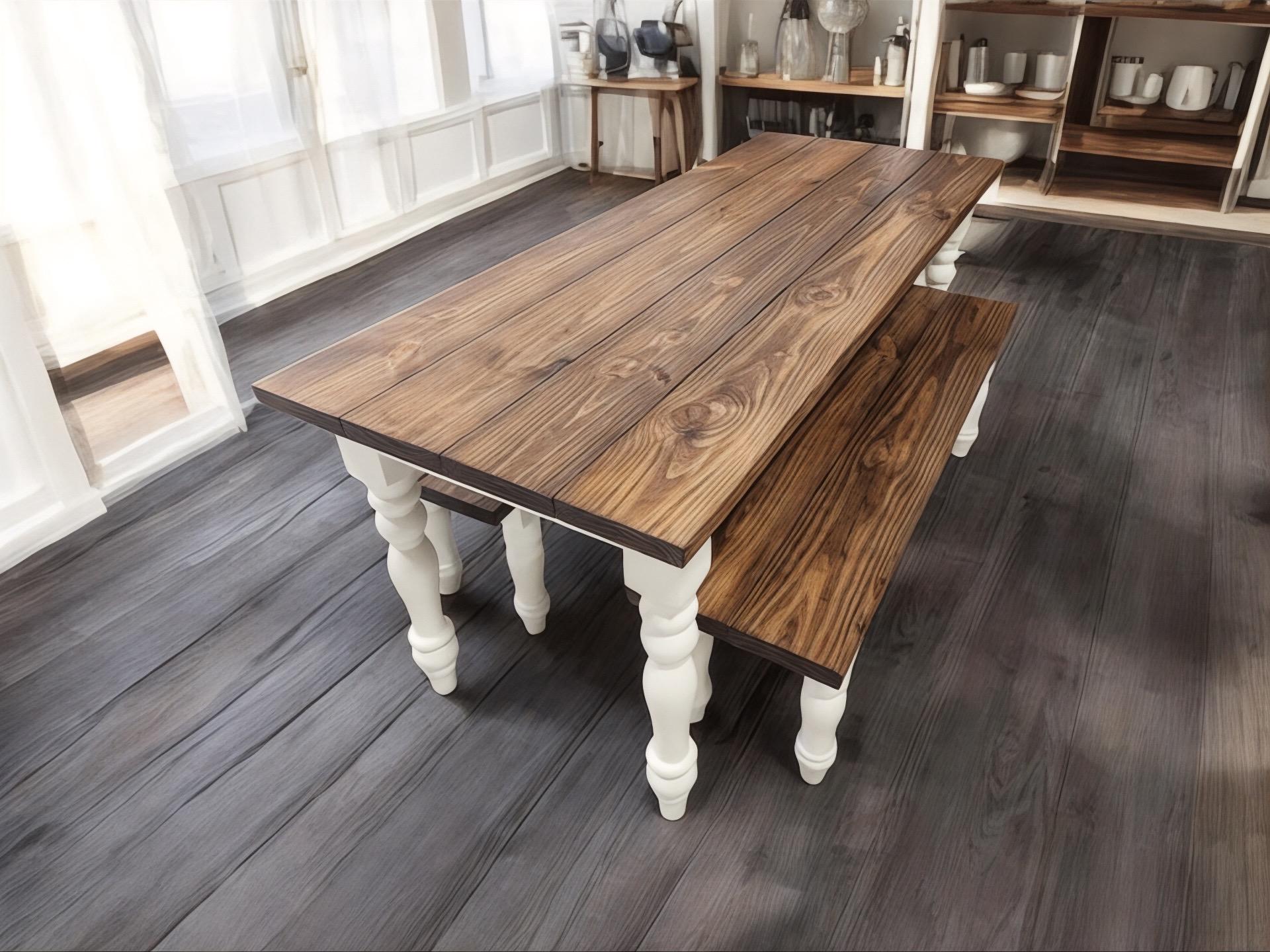 Narrow Dining Table Set Bench Seating Farmhouse Style Turned Legs White Provincial Brown 6ft Wooden Kitchen Table