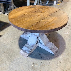 Round Farmhouse Rustic Coffee Table With Pedestal Base, Distressed White Base With Light Walnut Top Living Room Furniture image 1