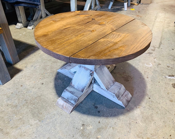 Round Farmhouse Rustic Coffee Table With Pedestal Base, Distressed White Base With Light Walnut Top Living Room Furniture