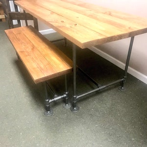 Industrial Style Farmhouse Table with BenchBlack Iron Pipe Base and Legs Wooden Stained Walnut Top Industrial Rustic Dining Set