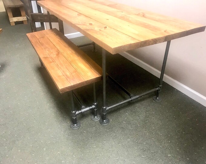 Industrial Style Farmhouse Table with BenchBlack Iron Pipe Base and Legs Wooden Stained Walnut Top Industrial Rustic Dining Set