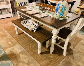 White Farmhouse Table with Turned Legs, Benches and Chairs Dark Walnut Top and Antique White Base,5ft Wooden Dining Table