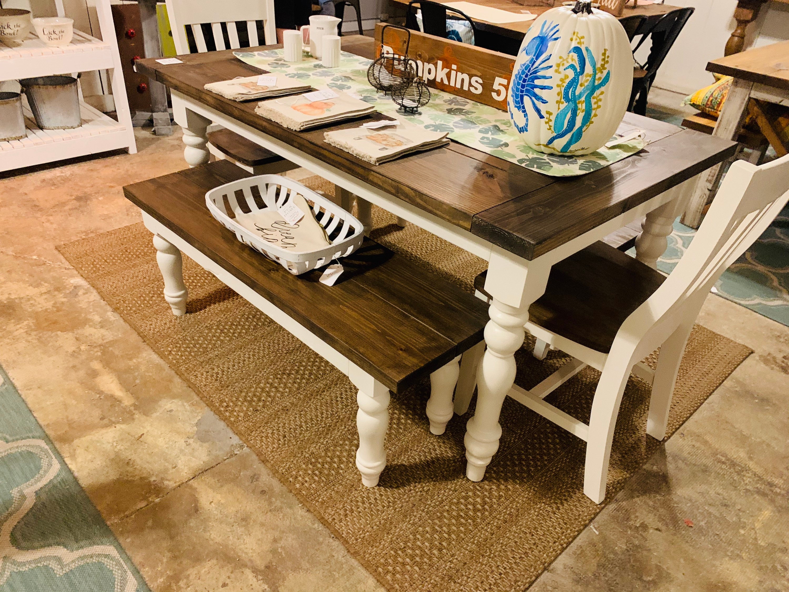 White Farmhouse Table With Turned Legs Benches and Chairs Dark