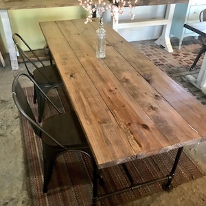 Handmade Rustic Walnut Farmhouse Table with Bench and Metal Chairs