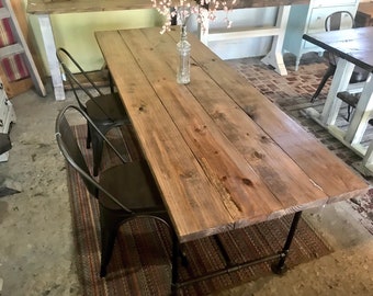 Industrial Style Farmhouse Table with Bench and Metal Chairs Black Pipe Base and Legs Wooden Stained Walnut Top Rustic Dining Set