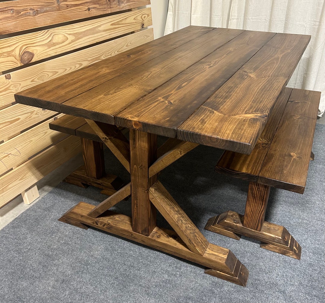 Rustic Farmhouse Dining Table Set: Provincial Brown Trestle Base - Etsy