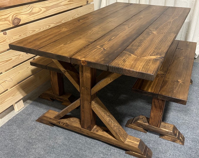 Farmhouse Dining Table Set, Trestle Base, and Benches for Seating, Provincial Brown, Rustic Kitchen Table Set