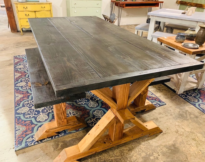 Modern Rustic Pedestal Farmhouse Table With Benches Black Top with an Early American Brown Base Wooden Dining Set