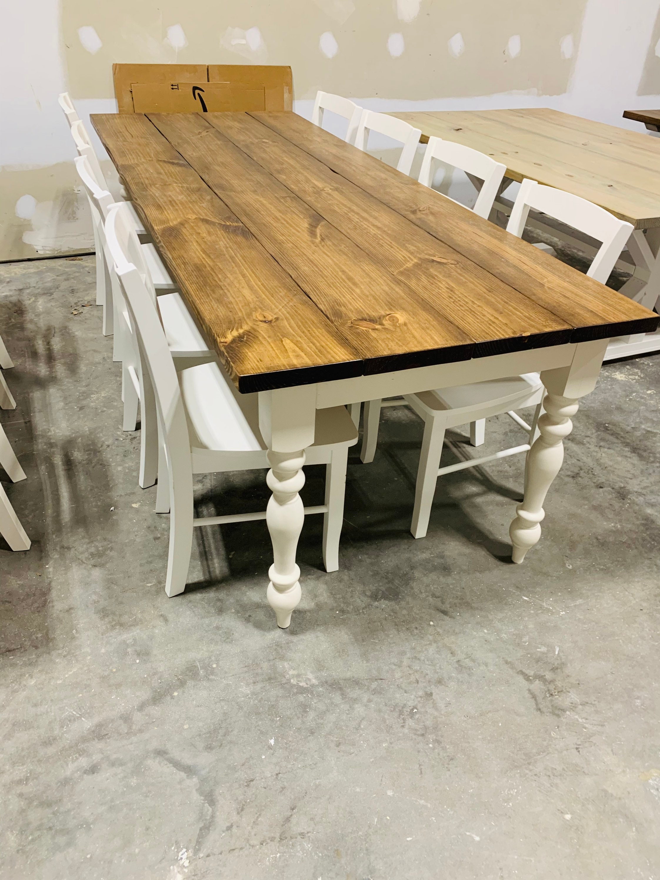 8ft Rustic Farmhouse Table with Chairs and Turned Legs Provincial Brown Top and Antique White Base Wooden Dining Table
