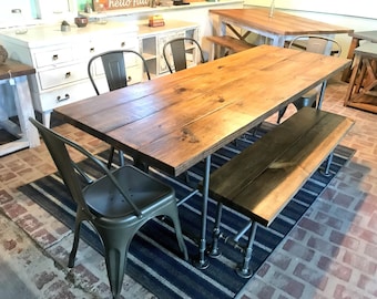 Industrial Style Farmhouse Table with Bench and Metal Chairs Black Pipe Base and Legs Wooden Stained Walnut Top Rustic Dining Set