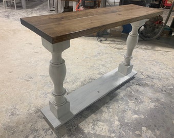 Distressed Farmhouse Console Table with shelf and Turned Legs, Distressed White Base Provincial Brown Top, Wooden Entryway Table