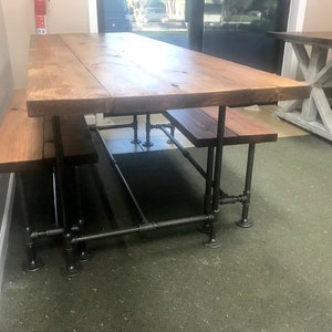 Industrial Style Farmhouse Table with Benches Black Iron Pipe Base and Legs Wooden Stained Walnut Top Industrial Rustic Dining Set