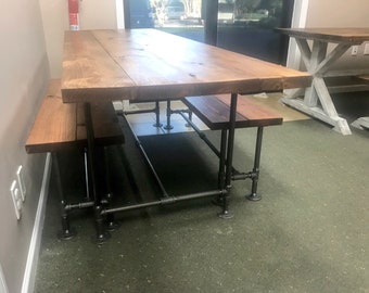 Industrial Style Farmhouse Table with Benches Black Iron Pipe Base and Legs Wooden Stained Walnut Top Industrial Rustic Dining Set