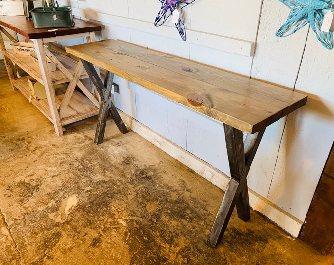 Industrial Farmhouse Entryway Table with Steel Legs and Wooden Weathered Brown Top, Modern Console Table Raw Steel Metal Legs