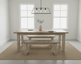 Farmhouse Dining Table Set Benches Solid Wood Narrow Rustic Kitchen Space Saving 6ft Handmade