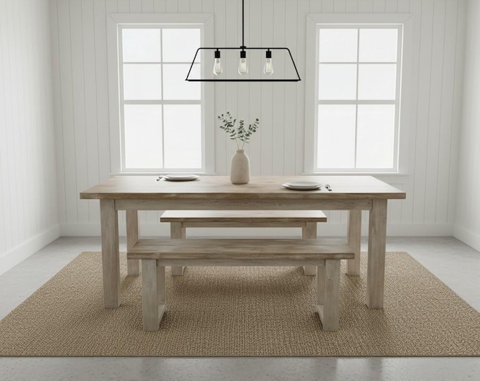 Farmhouse Dining Table Set Benches Solid Wood Narrow Rustic Kitchen Space Saving 6ft Handmade