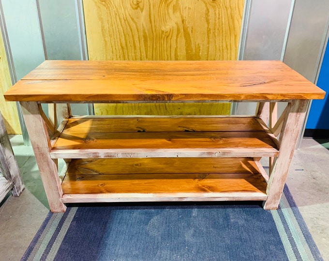 Rustic Wooden Buffet Table, Rustic Console Table, Farmhouse Buffet Table,  with Gunstock Shelving and a distressed frame.