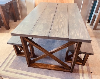 Rustic Farmhouse Table with Benches: Dark Walnut Finish, Cross Brace Design