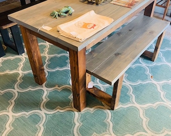 Rustic Farmhouse Table Set: Gray Top, Provincial Base, Includes Bench