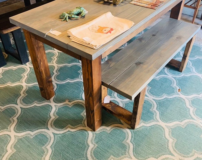 Rustic Wooden Farmhouse Table Set with Classic Gray Top and Provincial Base Includes one bench Bench.  Dining Set