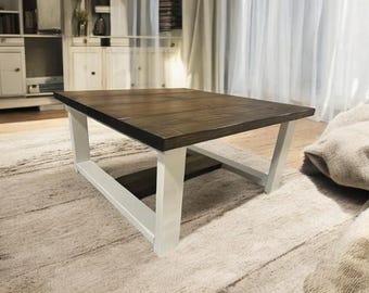 Square Coffee Table - Wooden Modern Farmhouse Style - Antique White Base Dark Walnut Top