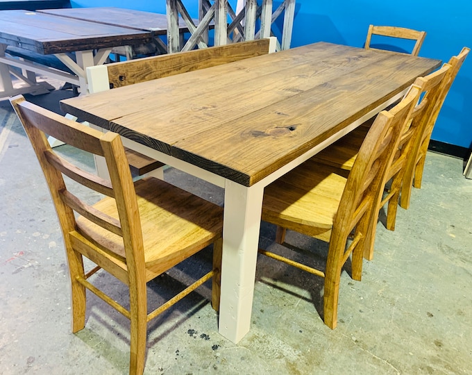 Farmhouse Dining Set with Bench with Back and Chairs, White Base and Early American Brown Top, Table Set with Chairs Kitchen Table