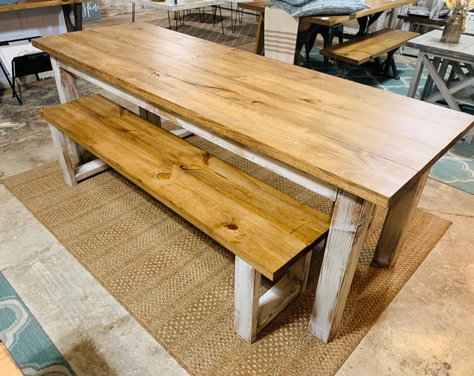 Narrow Farmhouse Table Set with Benches, Distressed White, Early American Brown, Wooden Dining Set, Kitchen Set, 7ft