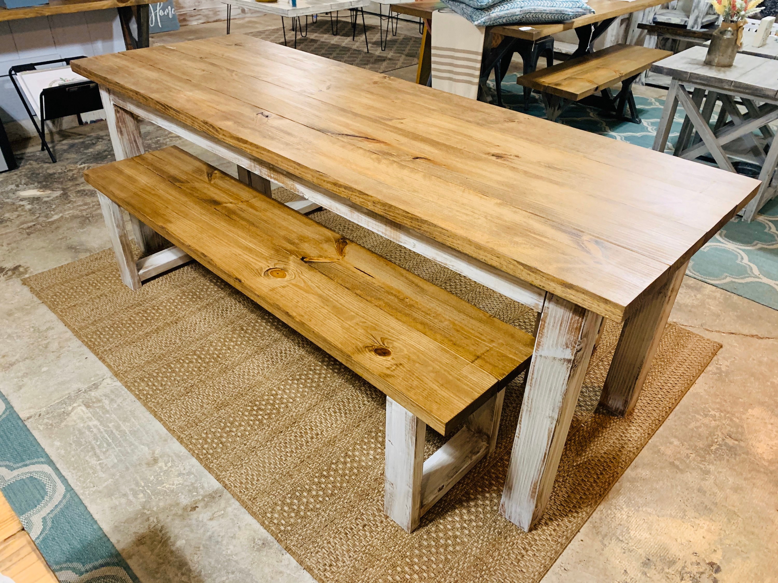 Narrow Farmhouse Table Set With Benches Distressed White Early American Brown Wooden Dining